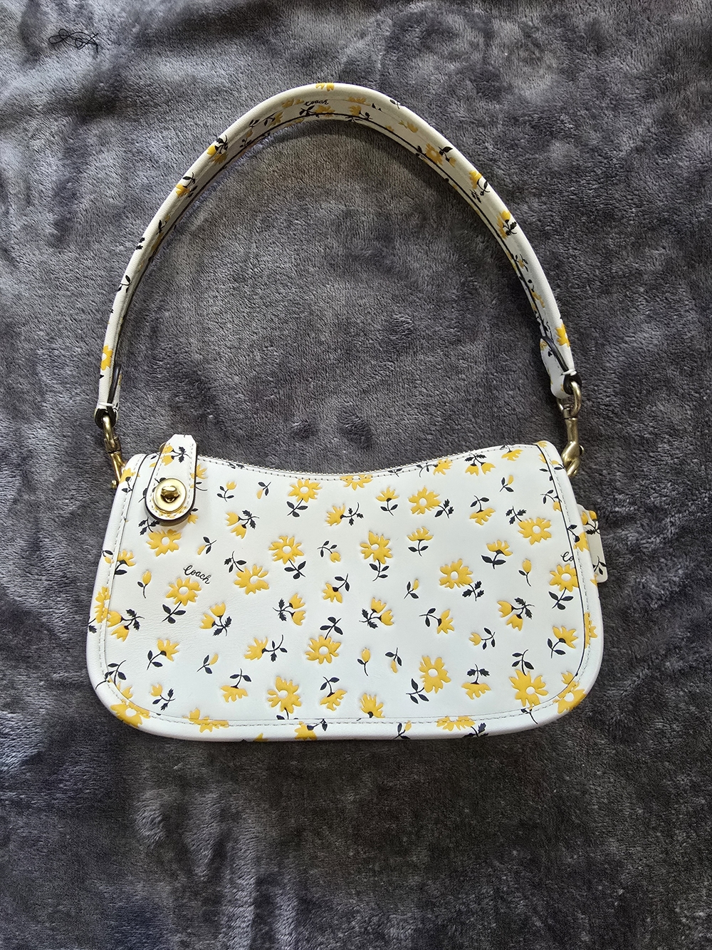 Small Coach White Shoulder Bag with Yellow Floral Print